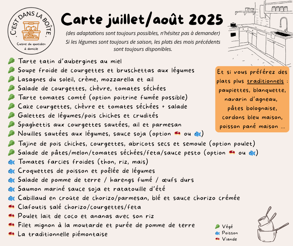 Exemples de plats que je peux venir cuisiner chez vous, dans votre cuisine. Près de Vitré et Chateaubourg
Je propose une vraie alternative aux plateaux repas !
