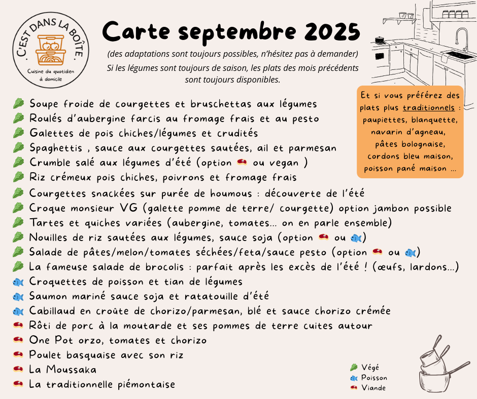 Exemples de plats que je peux venir cuisiner chez vous, dans votre cuisine. Près de Vitré et Chateaubourg
Je propose une vraie alternative aux plateaux repas !